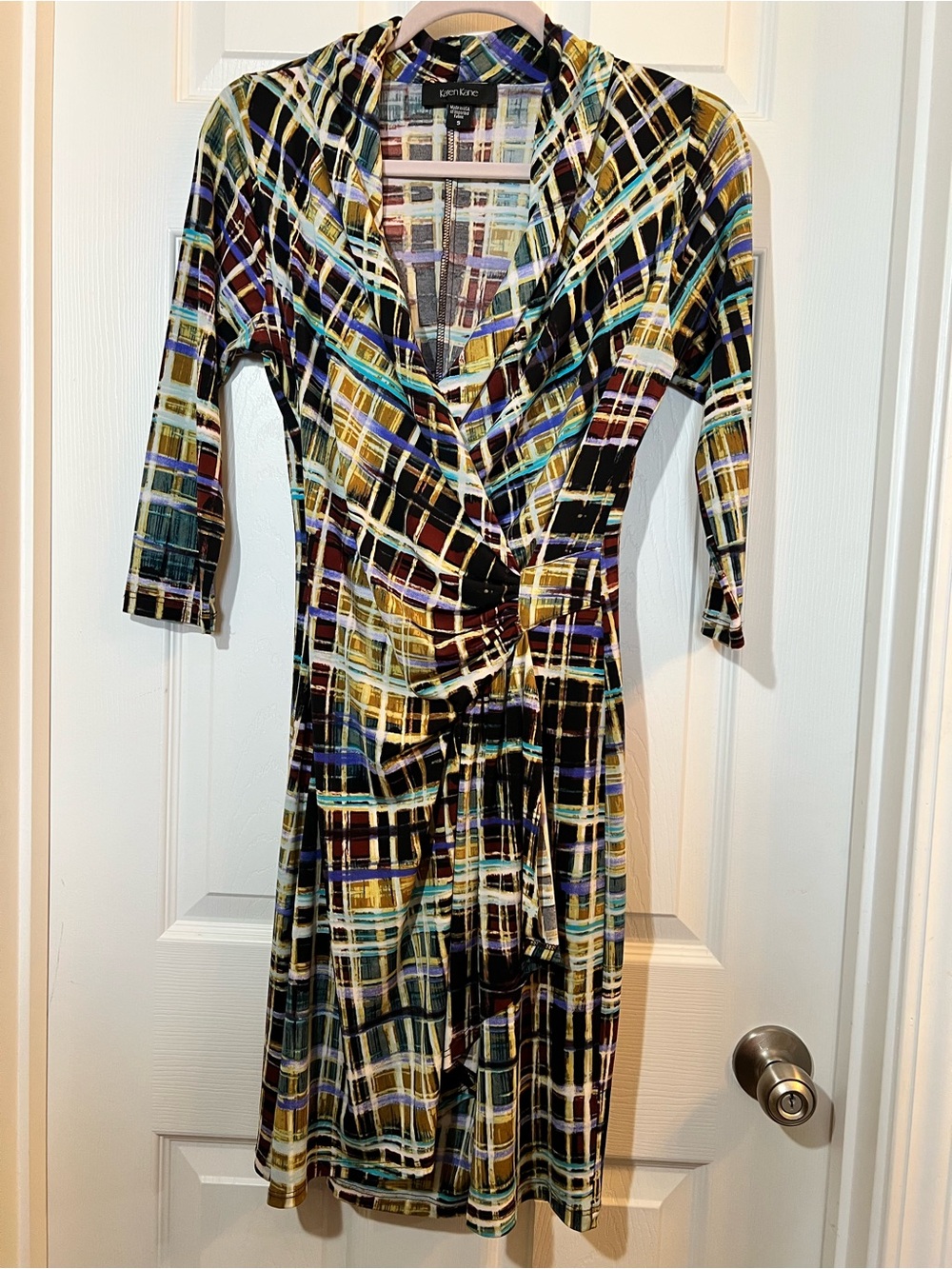 🦋 Karen Kane Multicolor Plaid faux Wrap Dress - Black, Yellow, Blue, Green small